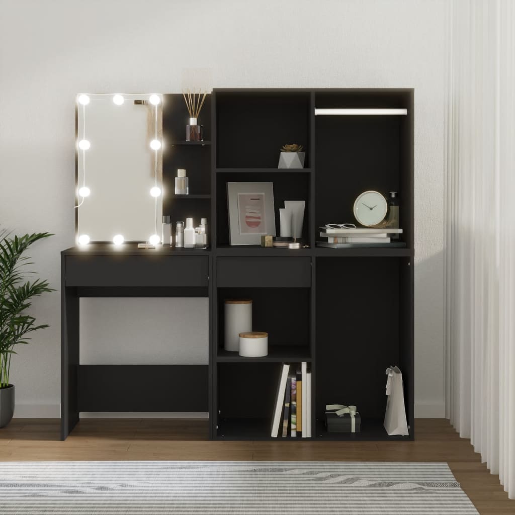 Led Dressing Table With Cabinets Black Engineered Wood