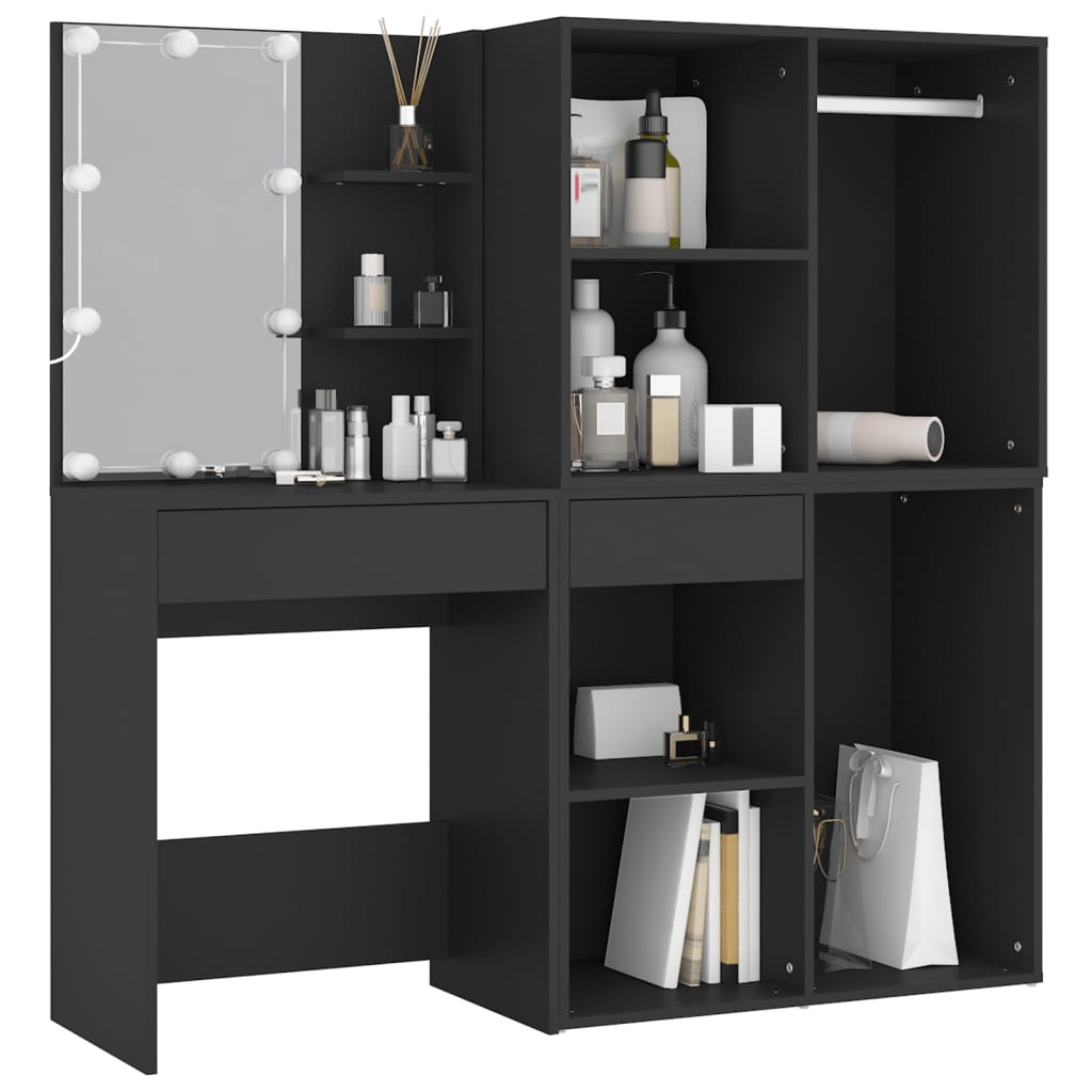 Led Dressing Table With Cabinets Black Engineered Wood
