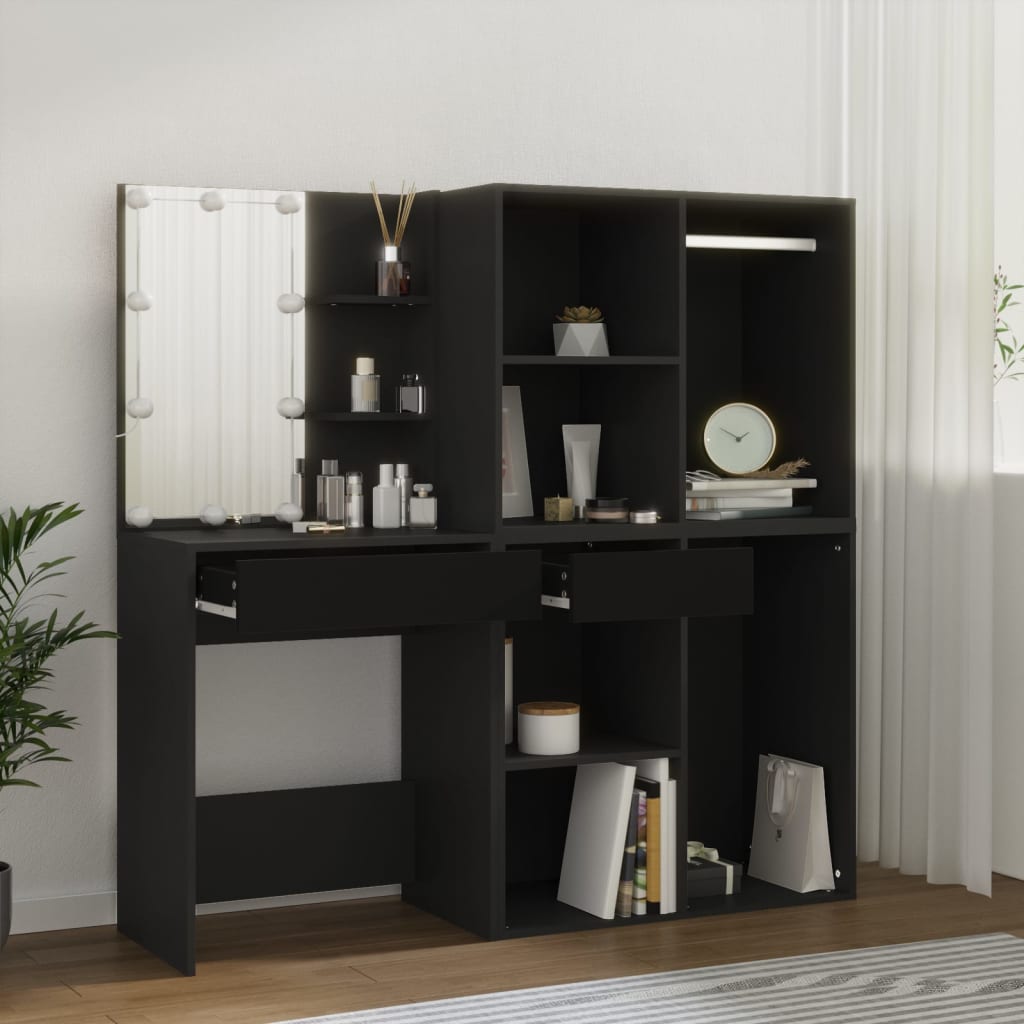Led Dressing Table With Cabinets Black Engineered Wood