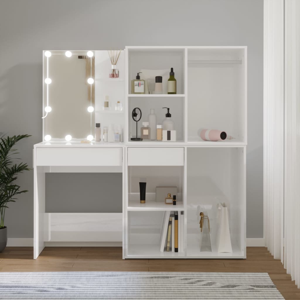 Led Dressing Table With 2 Cabinets High Gloss White Engineered Wood