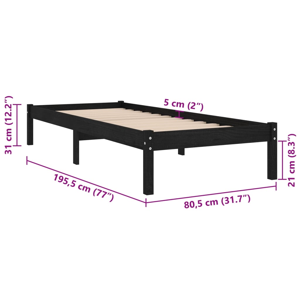 Bed Frame without Mattress Black Solid Wood Small Single