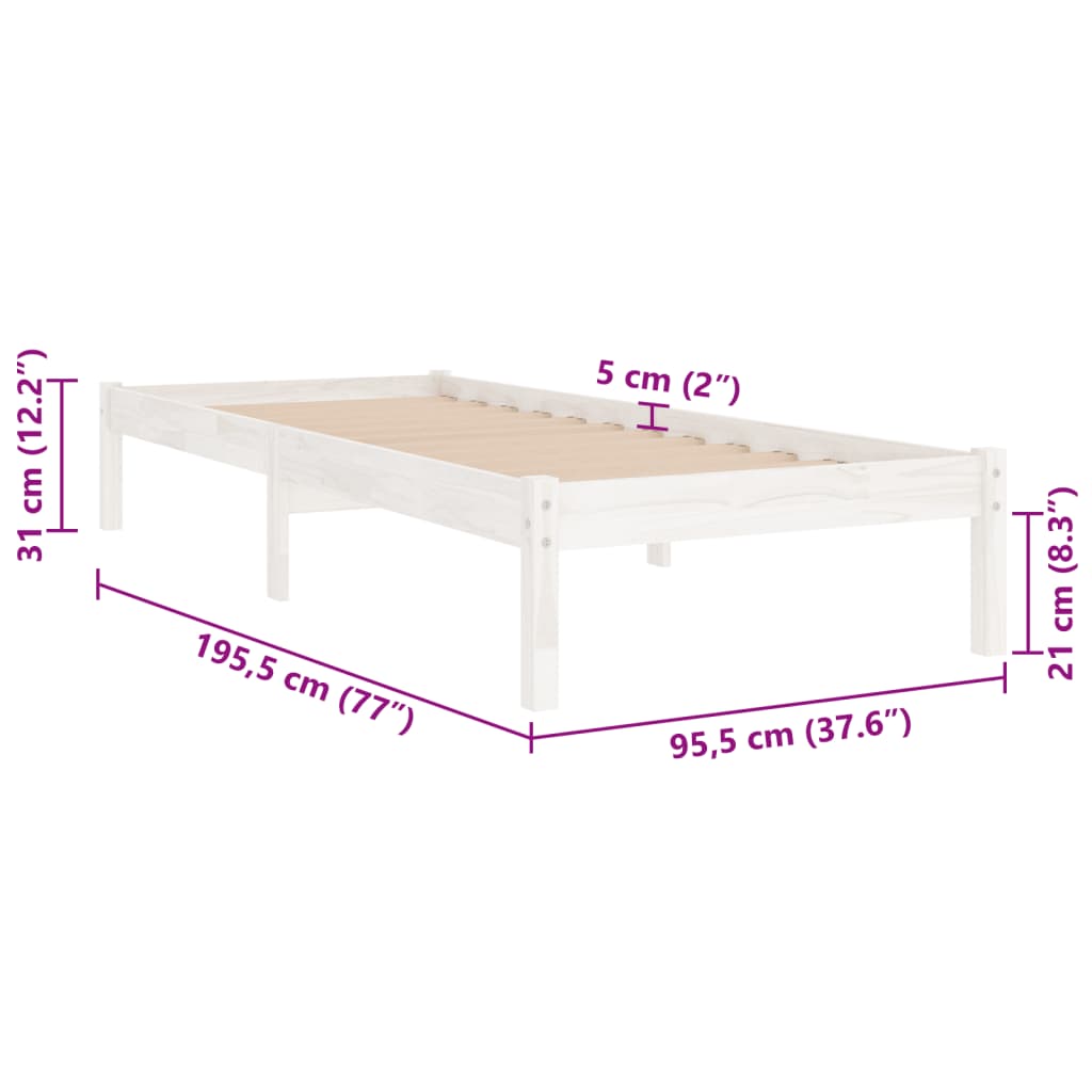 Bed Frame without Mattress White Solid Wood Single