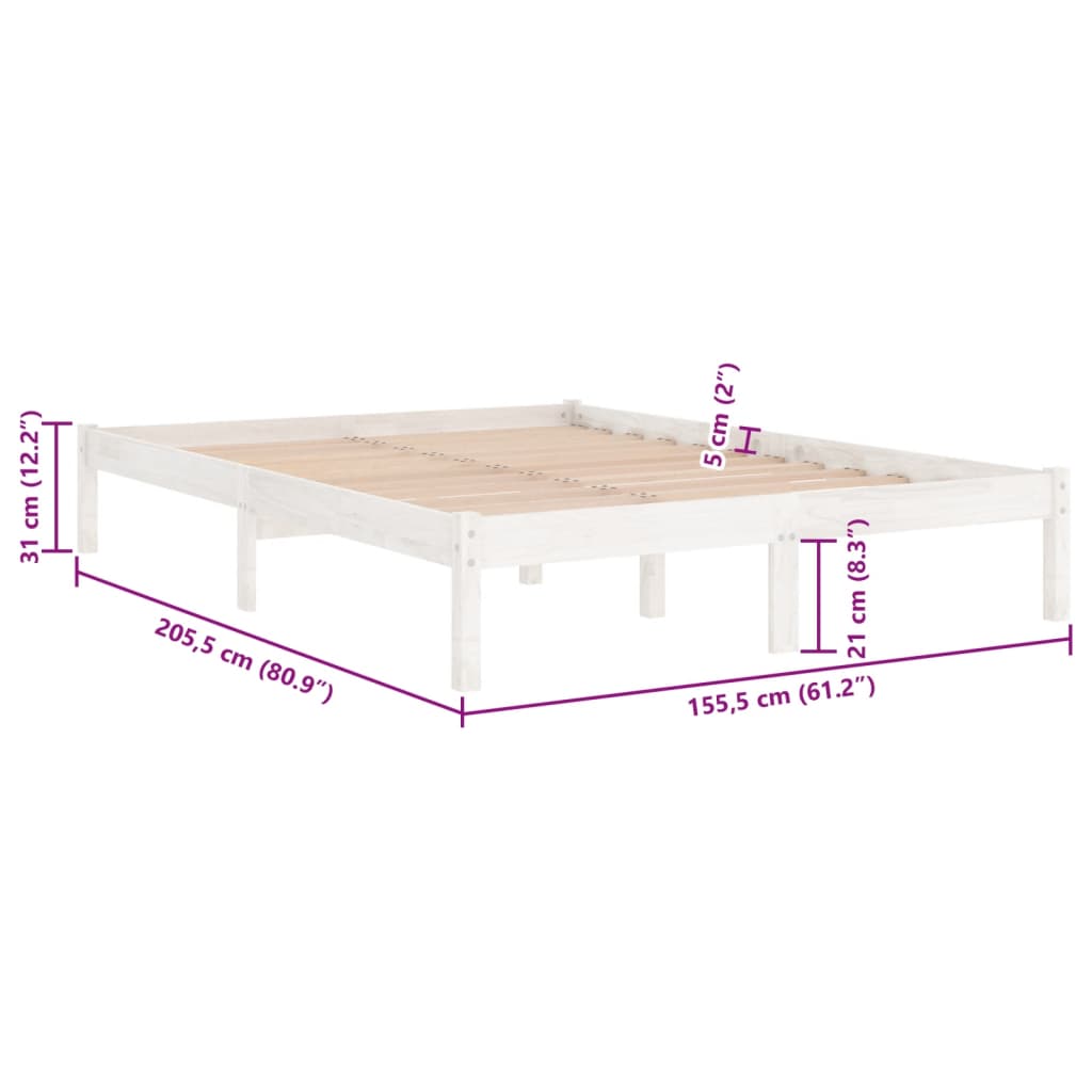 Bed Frame without Mattress White Solid Wood King Size