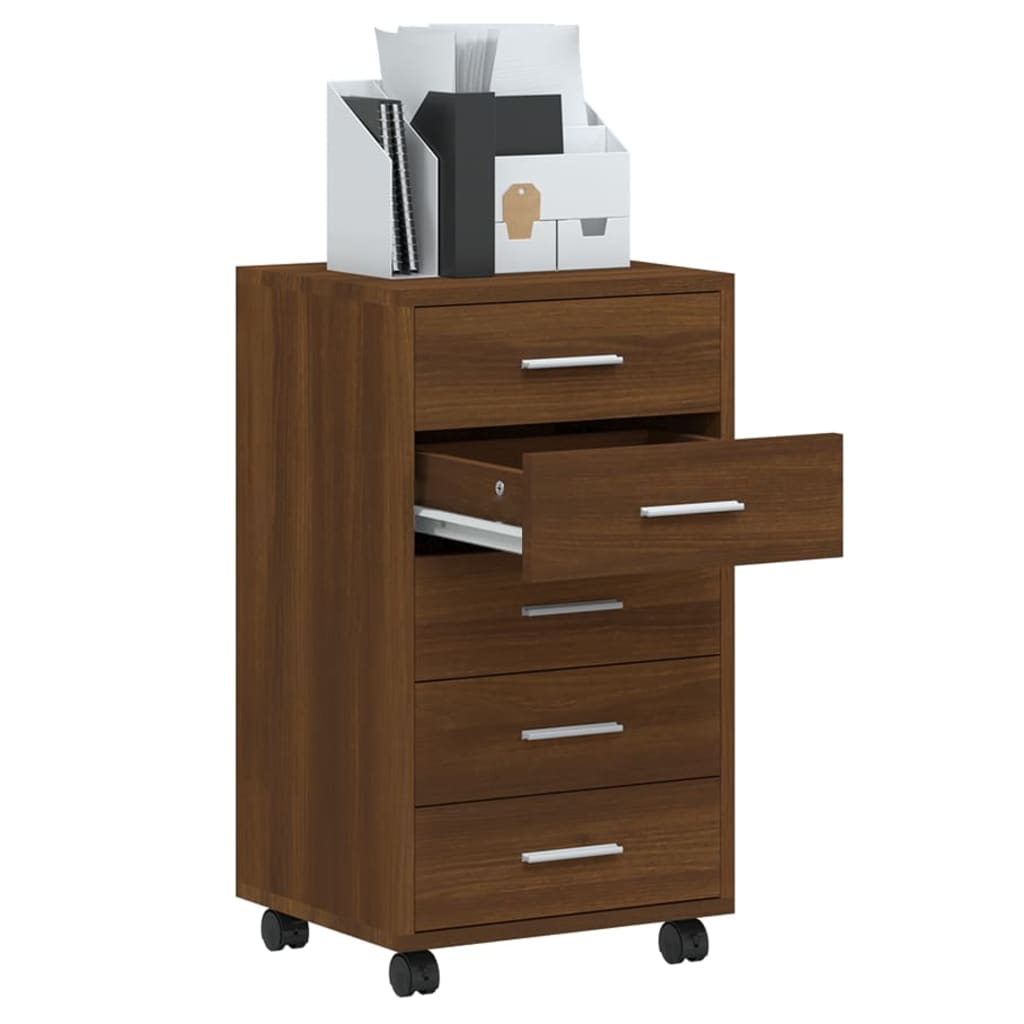 Drawer Cabinet with Castors Brown Oak Engineered Wood
