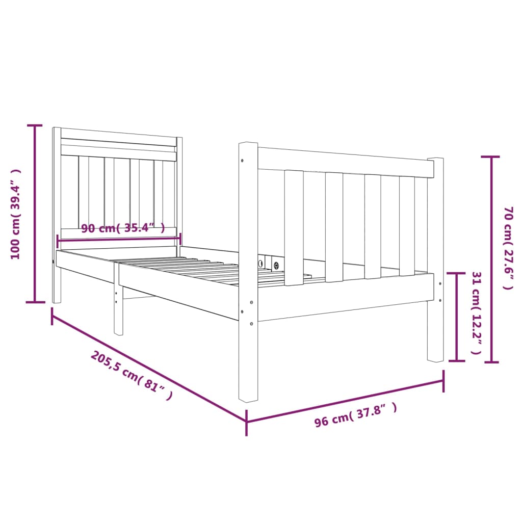 3100705 vidaXL Bed Frame without Mattress White Solid Wood 90x200 cm (810068+814075)