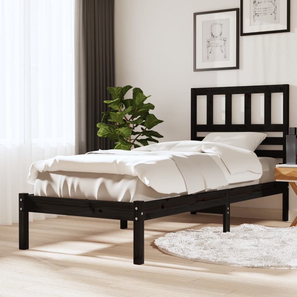 Bed Frame without Mattress Black 75x190 cm Small Single  Solid Wood Pine