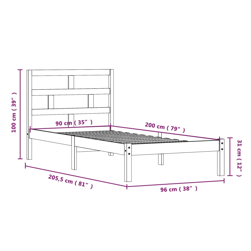 3101204 vidaXL Bed Frame without Mattress White Solid Wood 90x200 cm (810003+814175)