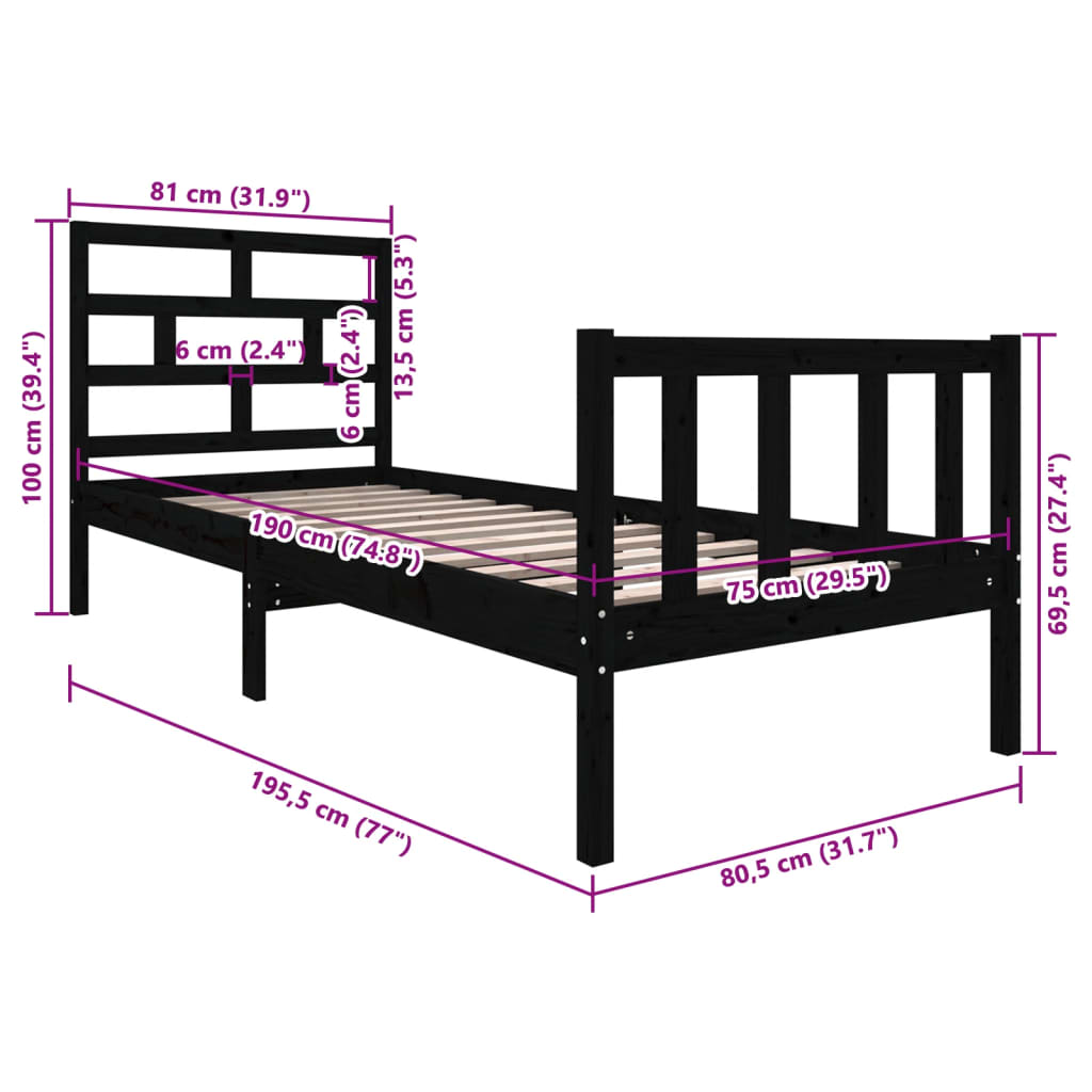 Bed Frame without Mattress Black Solid Wood Pine Small Single