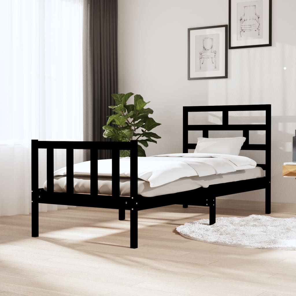 Bed Frame without Mattress Black Solid Wood Pine Small Single
