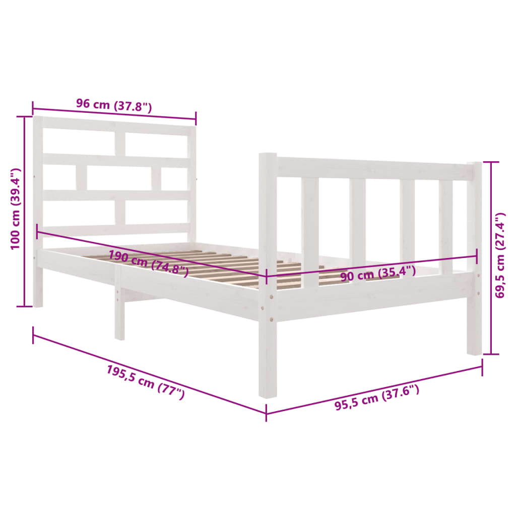 Bed Frame without Mattress White Solid Wood Pine Single