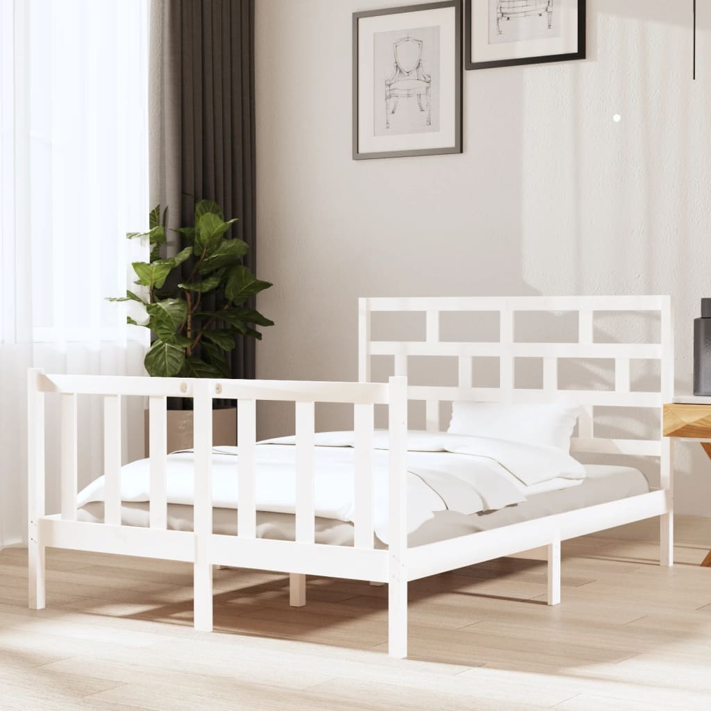 Bed Frame without Mattress White Solid Wood Pine Double
