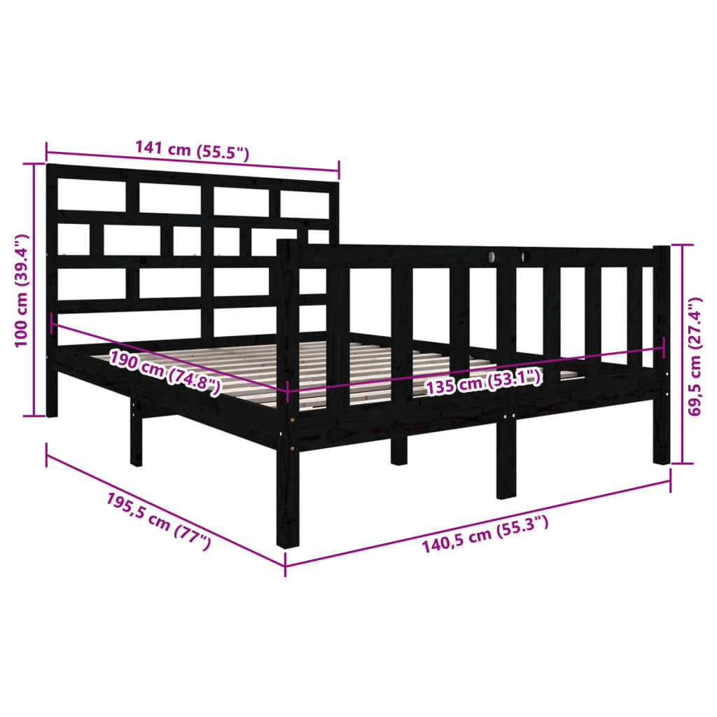 Bed Frame without Mattress Black Solid Wood Pine Double