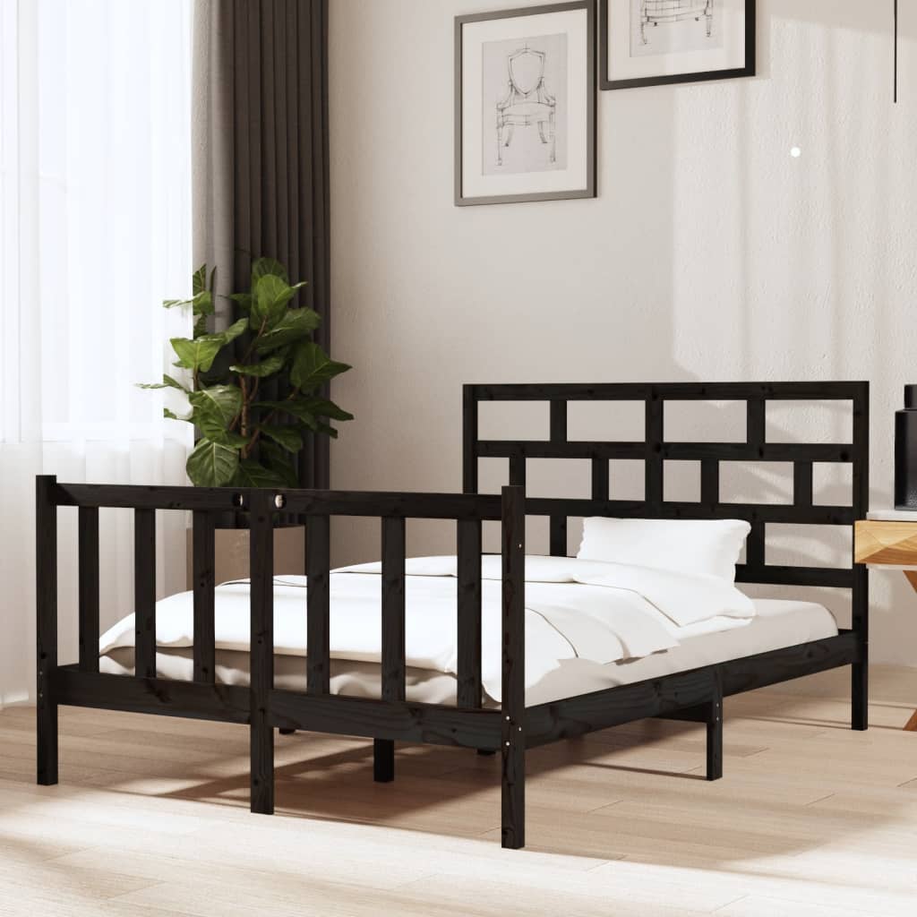 Bed Frame without Mattress Black Solid Wood Pine Double