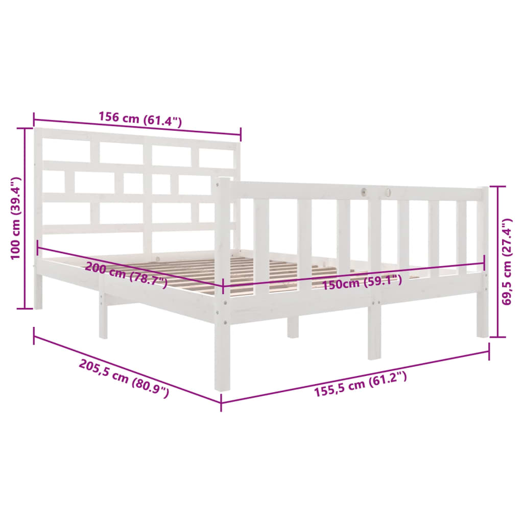 Bed Frame without Mattress White Solid Wood Pine King Size