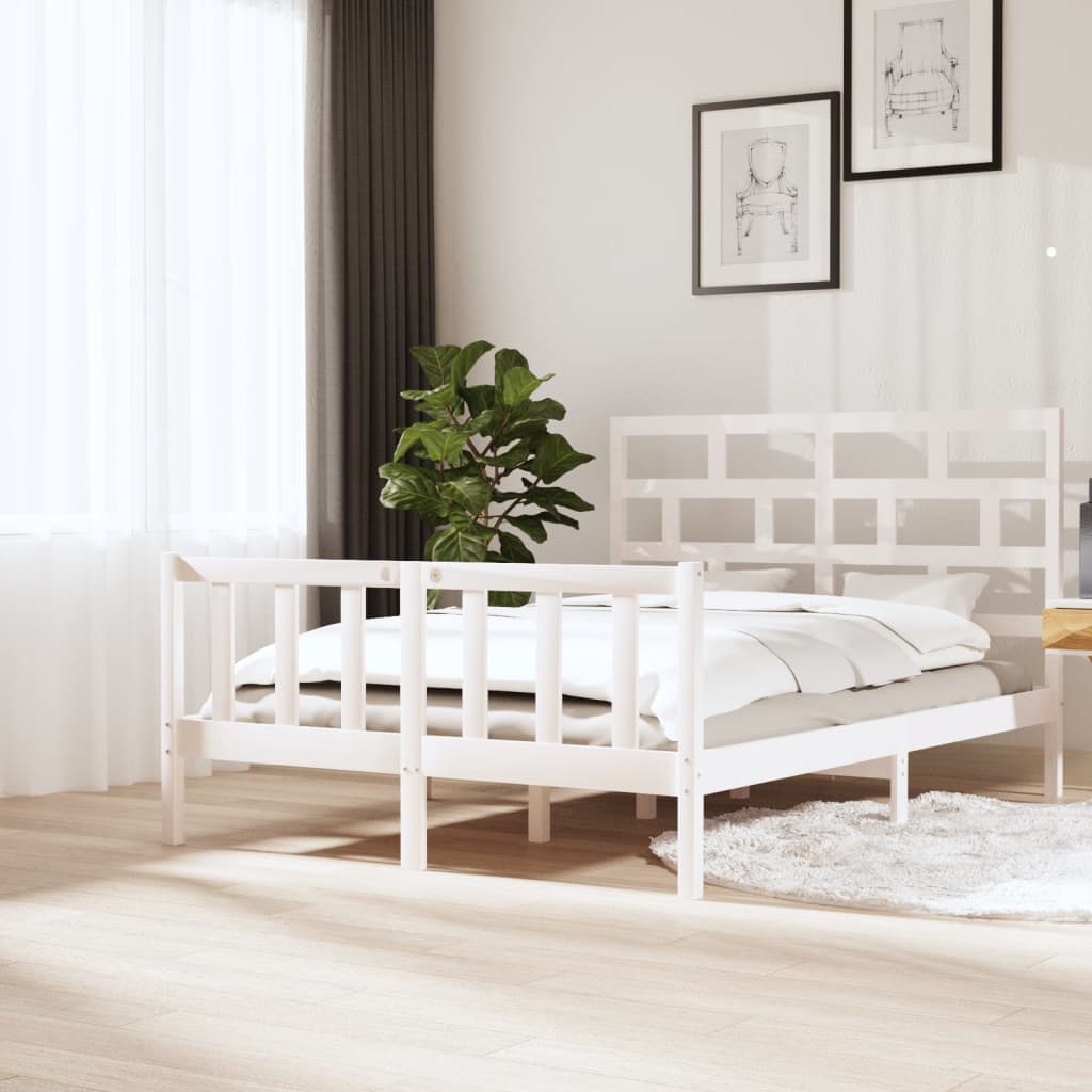 Bed Frame without Mattress White Solid Wood Pine King Size
