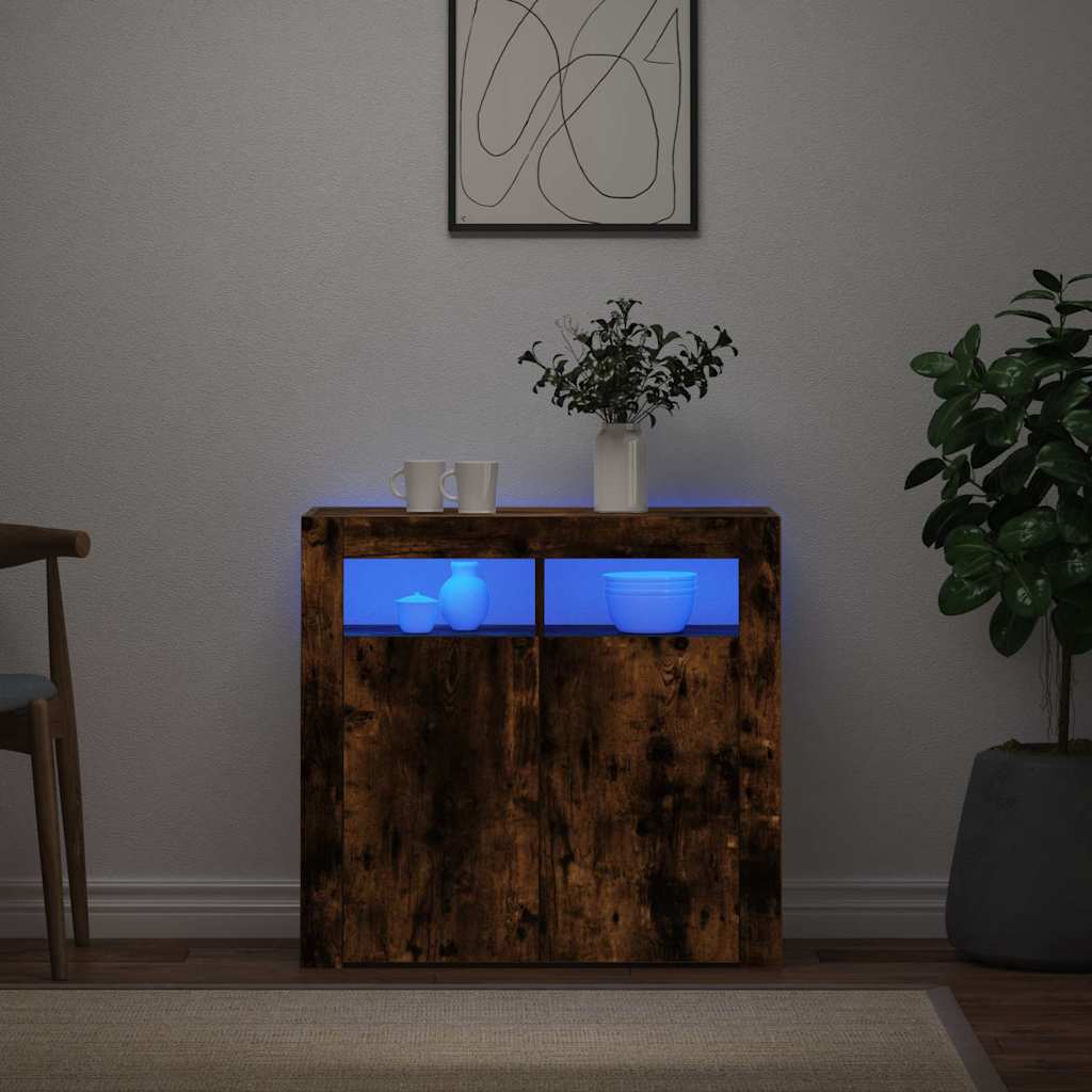 Sideboard with LED Lights Smoked Oak 80x35x75 cm