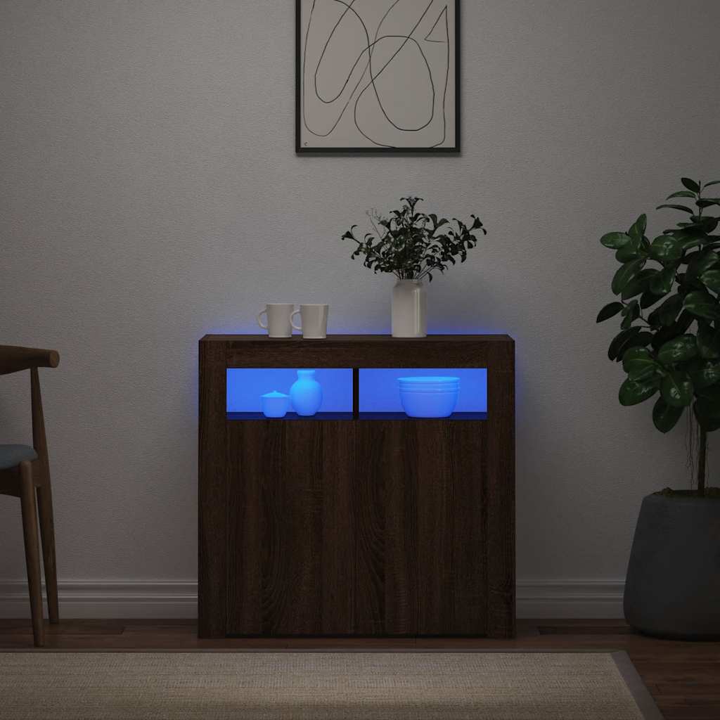 Sideboard with LED Lights Brown Oak 80x35x75 cm