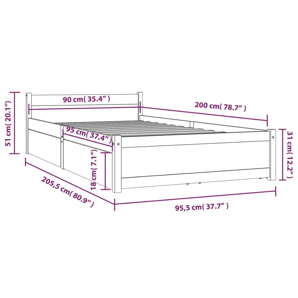 3103483 vidaXL Bed Frame without Mattress with Drawers 90x200 cm (815029+814984)