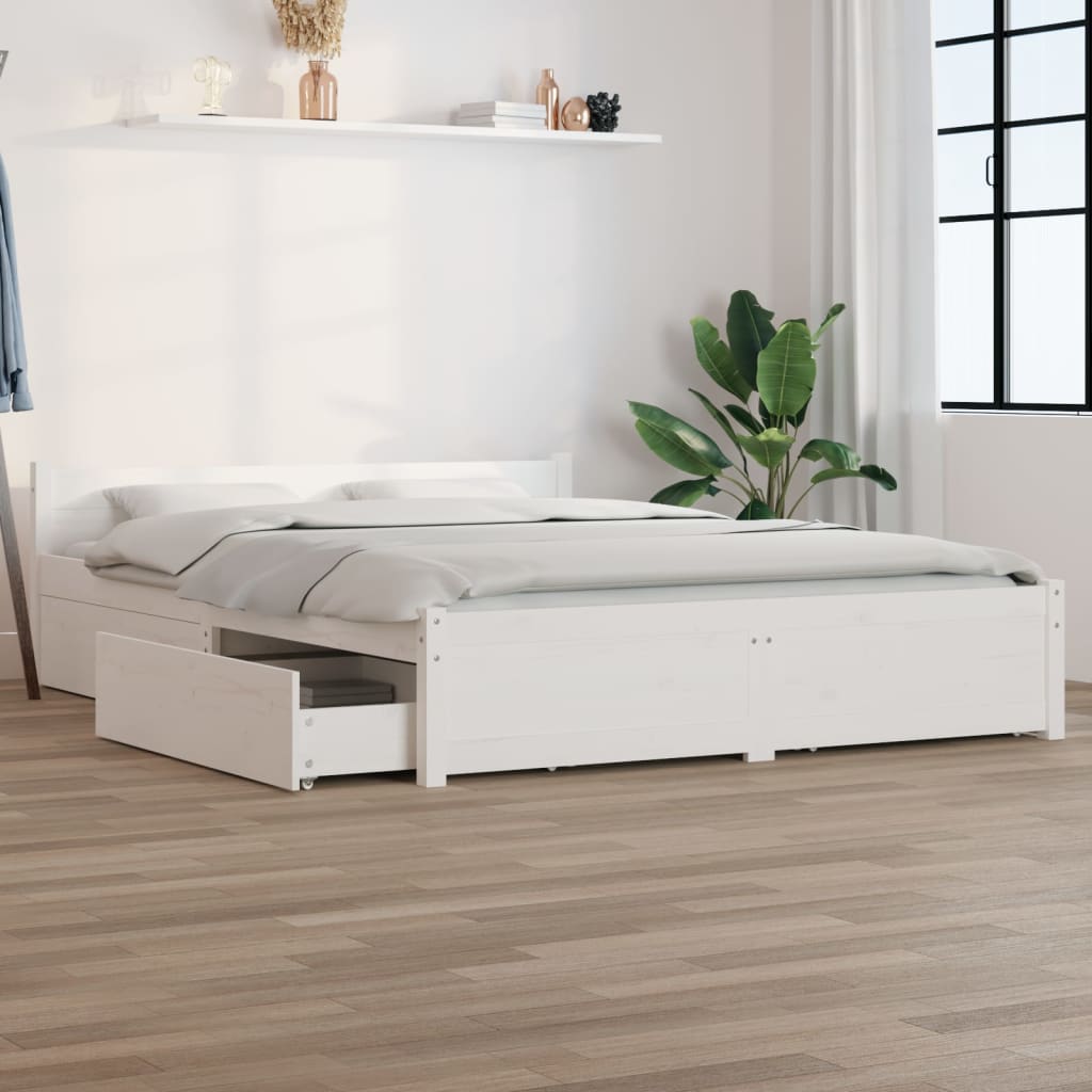 Bed Frame without Mattress with Drawers White Double
