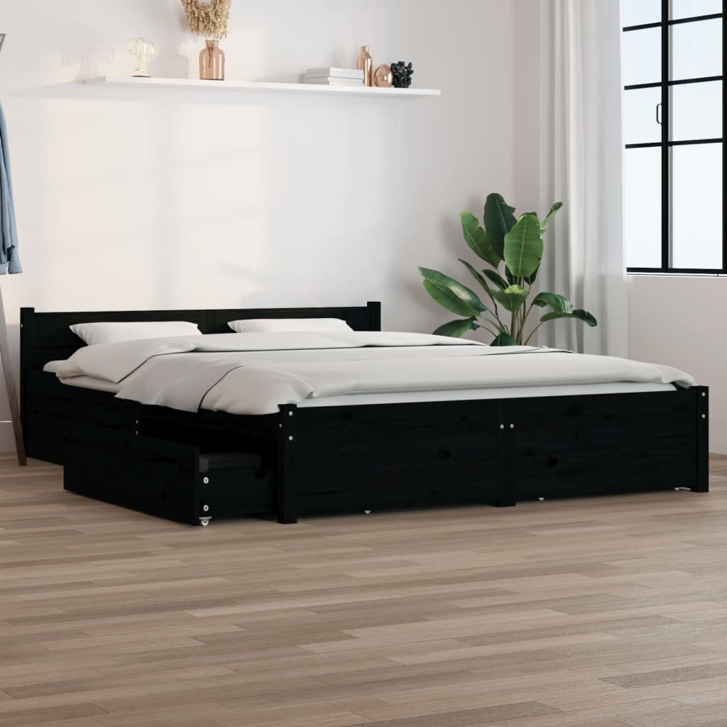 Bed Frame without Mattress with Drawers Black Double