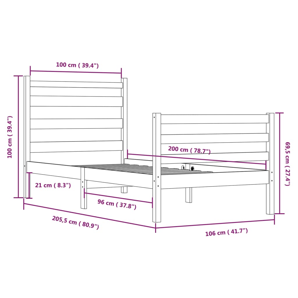 Bed Frame without Mattress Solid Wood Pine 100x200 cm