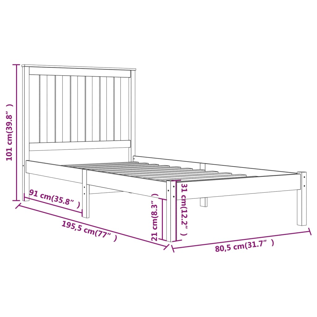 Bed Frame without Mattress Black Solid Wood Small Single