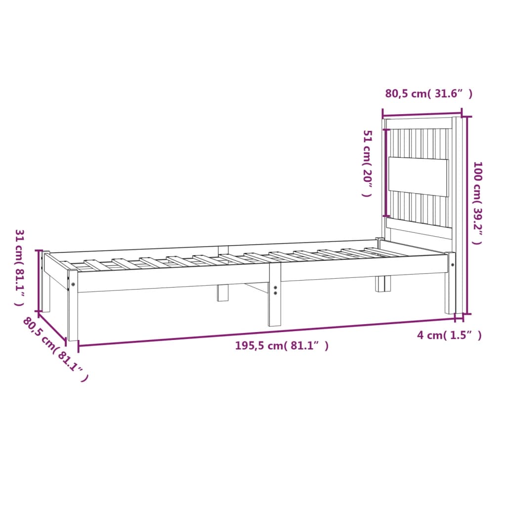 Bed Frame without Mattress White Solid Wood Small Single