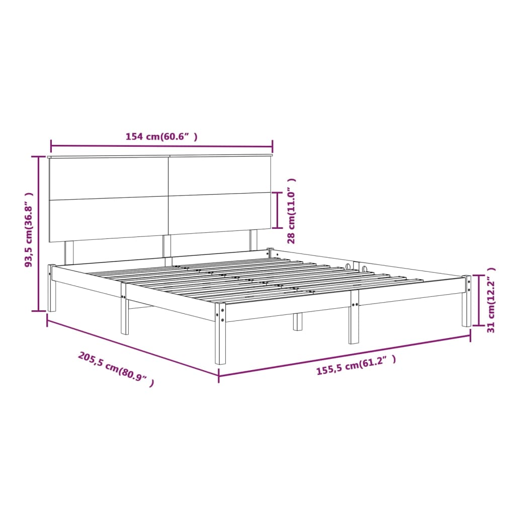 Bed Frame without Mattress 150x200 cm King Size Solid Wood