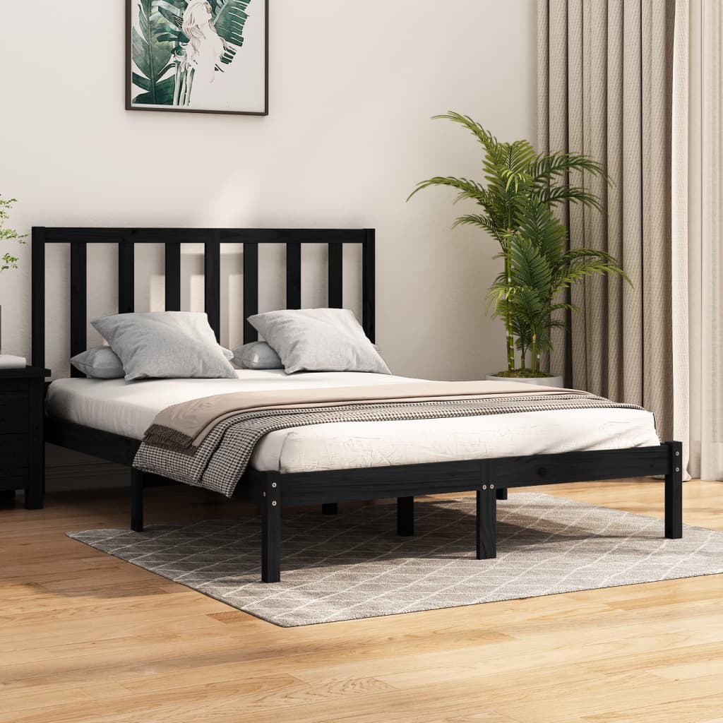 Bed Frame without Mattress Black Solid Wood Pine 140x190 cm