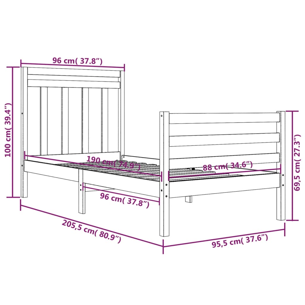 Bed Frame without Mattress 90x200 cm Solid Wood