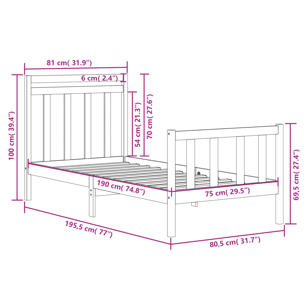 Bed Frame without Mattress Black 75x190 cm Small Single Solid Wood