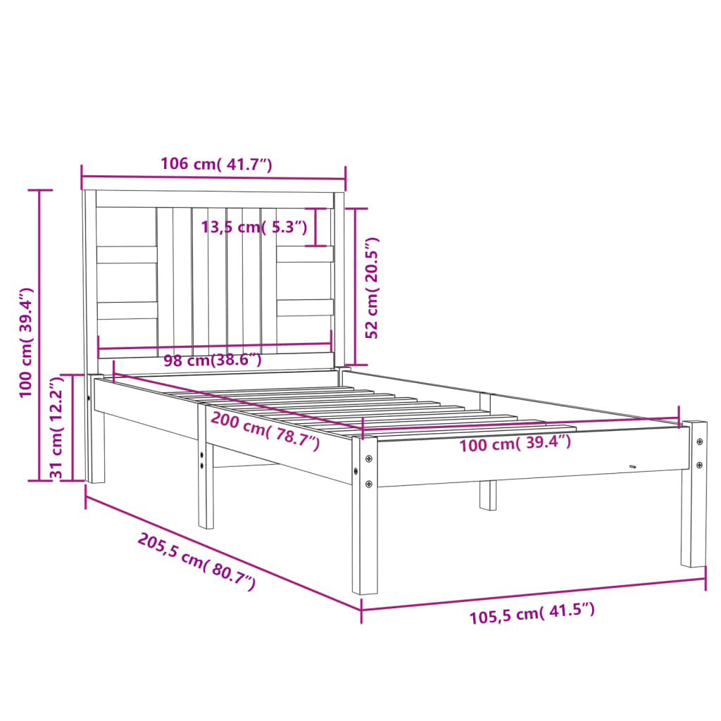 Bed Frame without Mattress White 100x200 cm Solid Wood