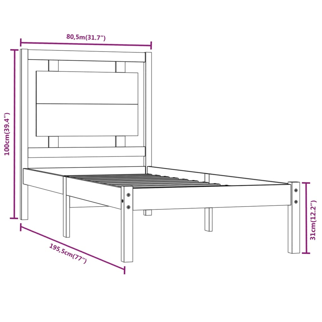 Bed Frame without Mattress Black 75x190 cm Small Single Solid Wood