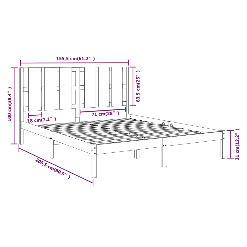 Bed Frame without Mattress 150x200 cm King Size Solid Wood