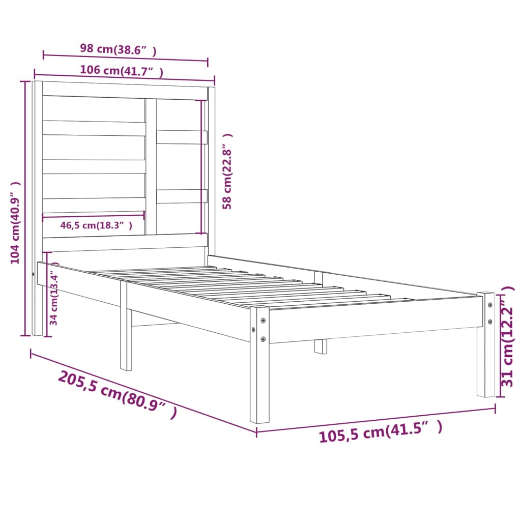 Bed Frame without Mattress White Solid Wood 100x200 cm