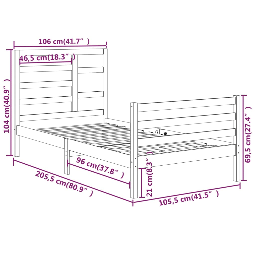 Bed Frame without Mattress Solid Wood 100x200 cm