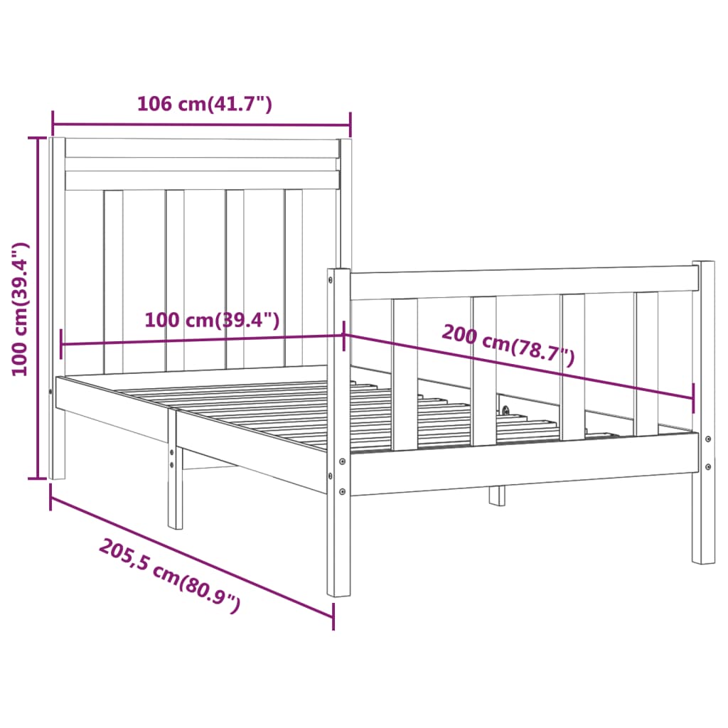 Bed Frame without Mattress White Solid Wood Pine 100x200 cm