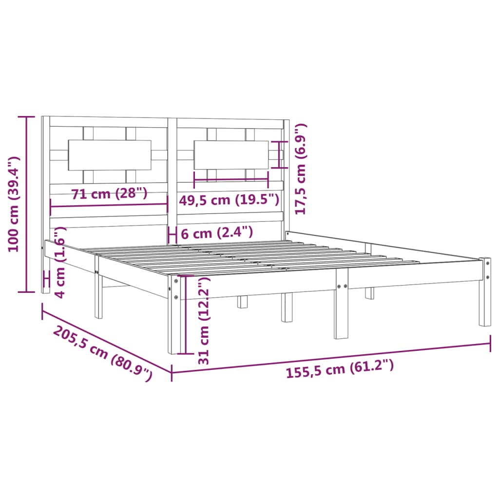 Bed Frame without Mattress 150x200 cm King Size Solid Wood Pine