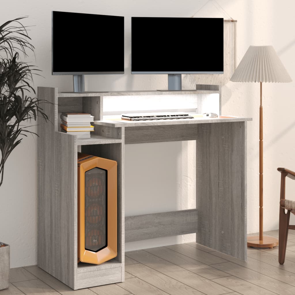 Desk with LED Lights Grey Sonoma 97x45x90 cm Engineered Wood