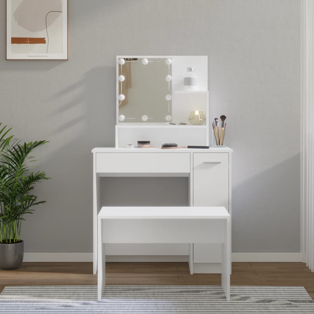 Dressing Table Set With Led Engineered Wood