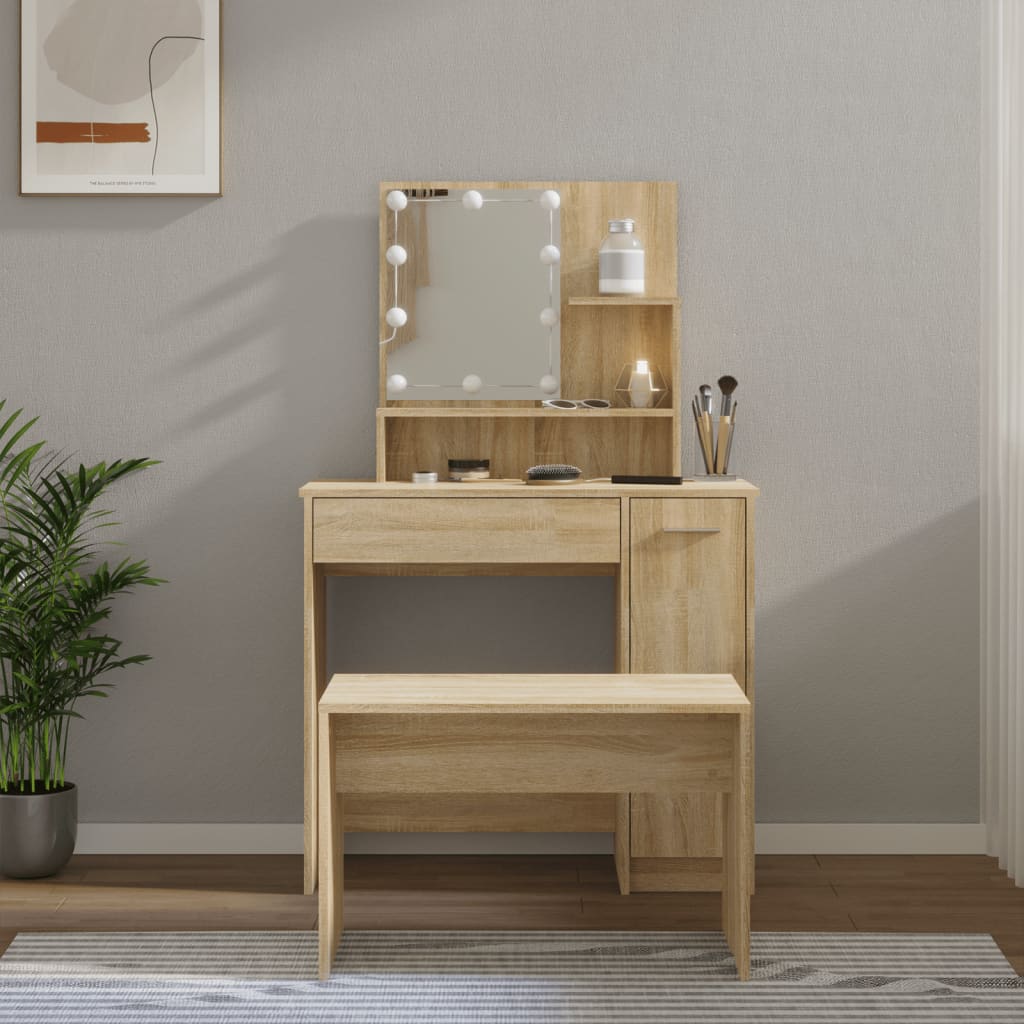 Dressing Table Set With Led Engineered Wood