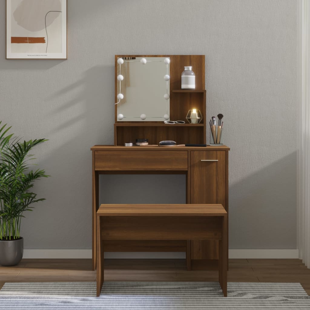 Dressing Table Set With Led Engineered Wood