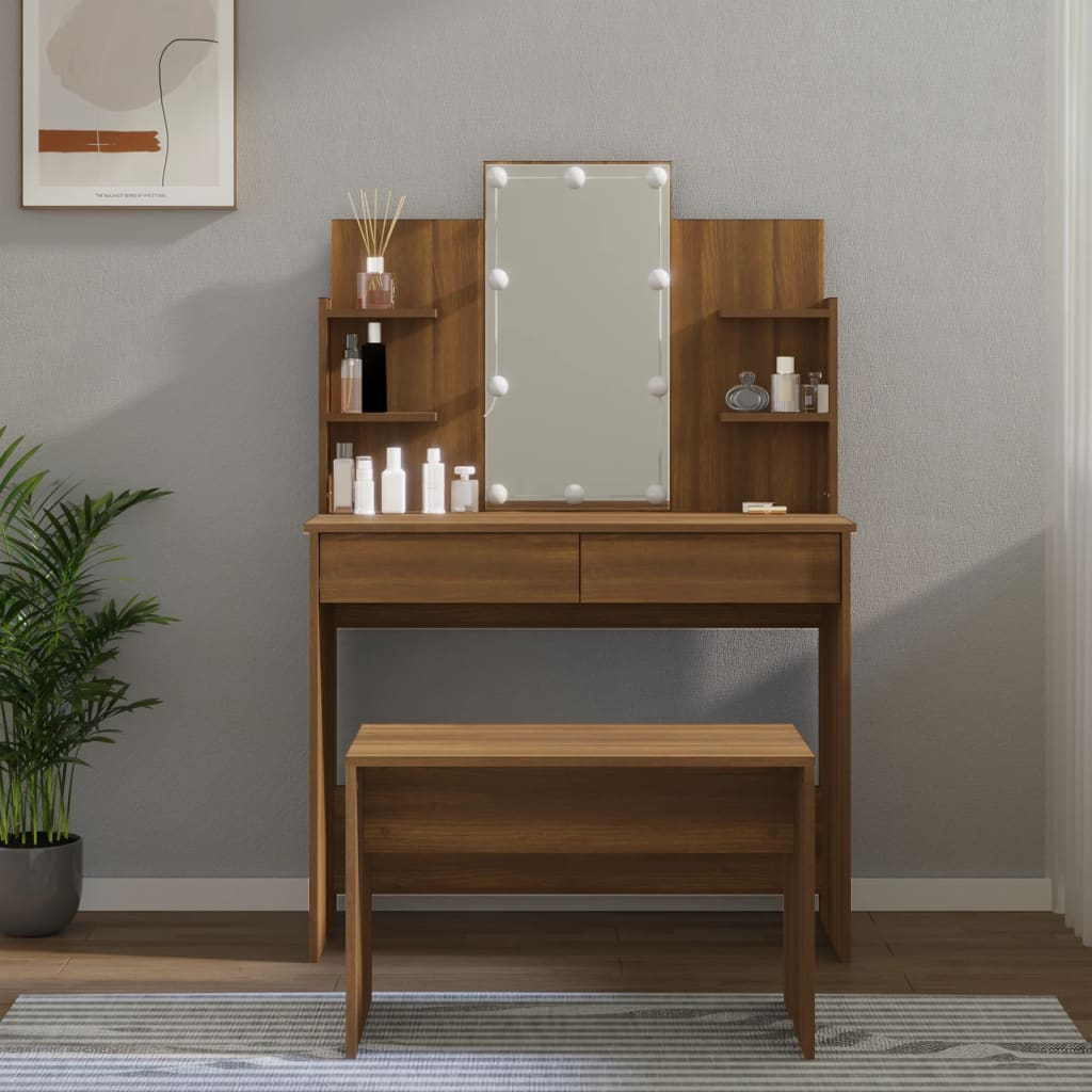 Dressing Table Set With Led Engineered Wood