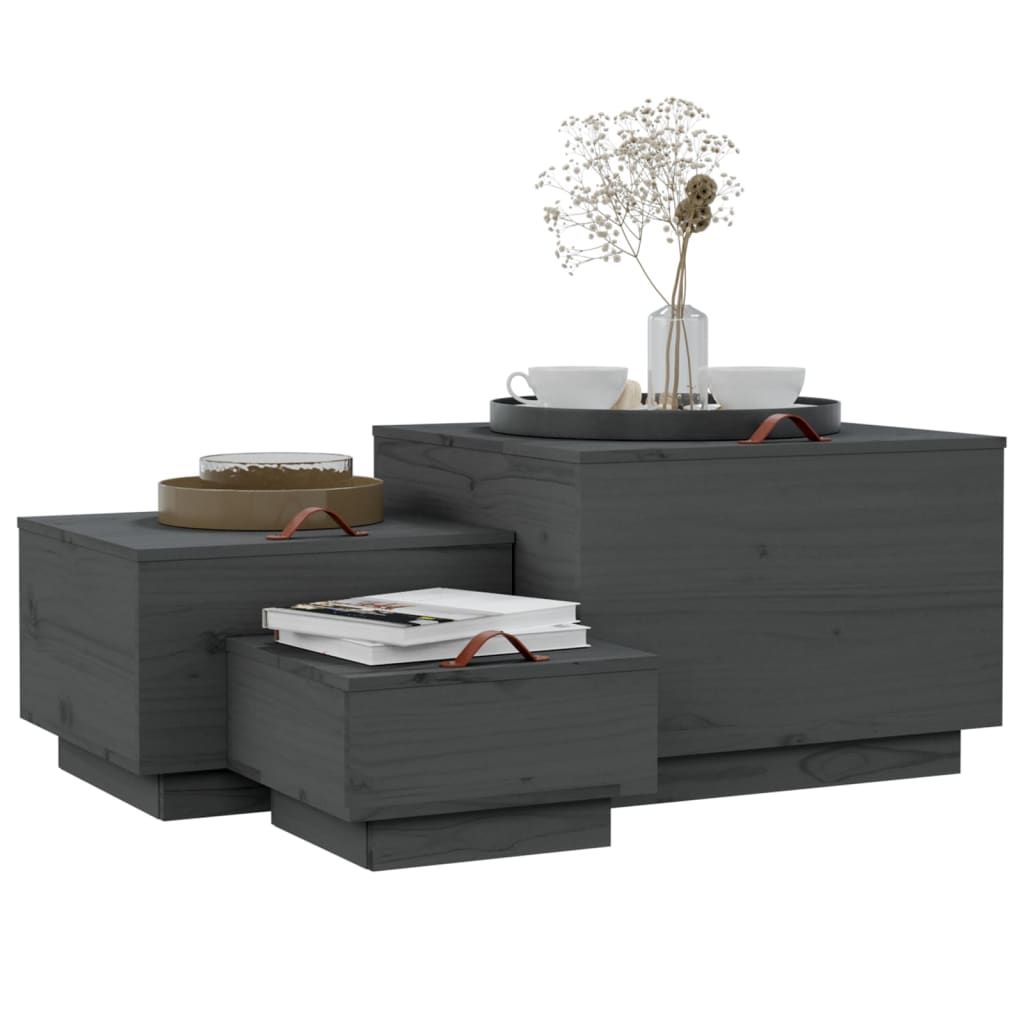 Storage Boxes with Lids 3 pcs Grey Solid Wood Pine