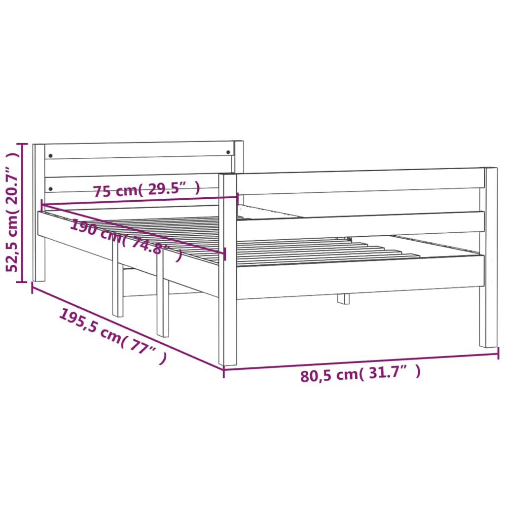 Bed Frame without Mattress Grey 75x190 cm Small Single Solid Wood Pine