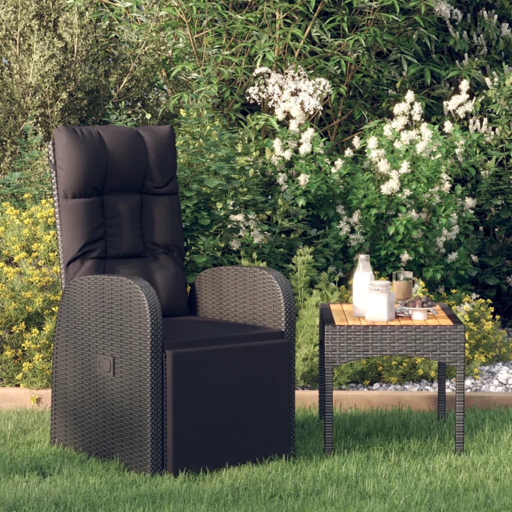 Reclining Garden Chair with Cushions Black Poly Rattan