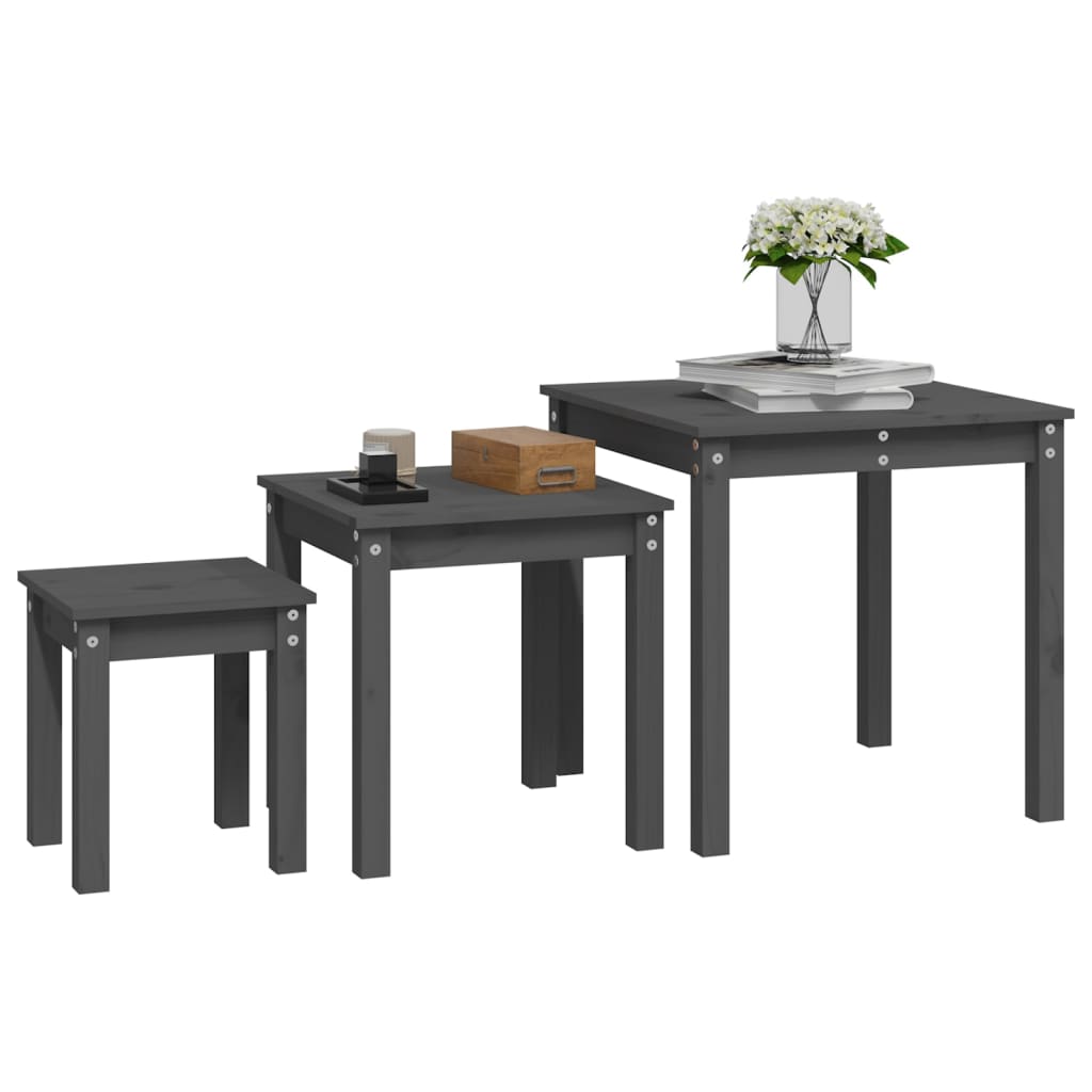 Nesting Tables 3 pcs Grey Solid Wood Pine
