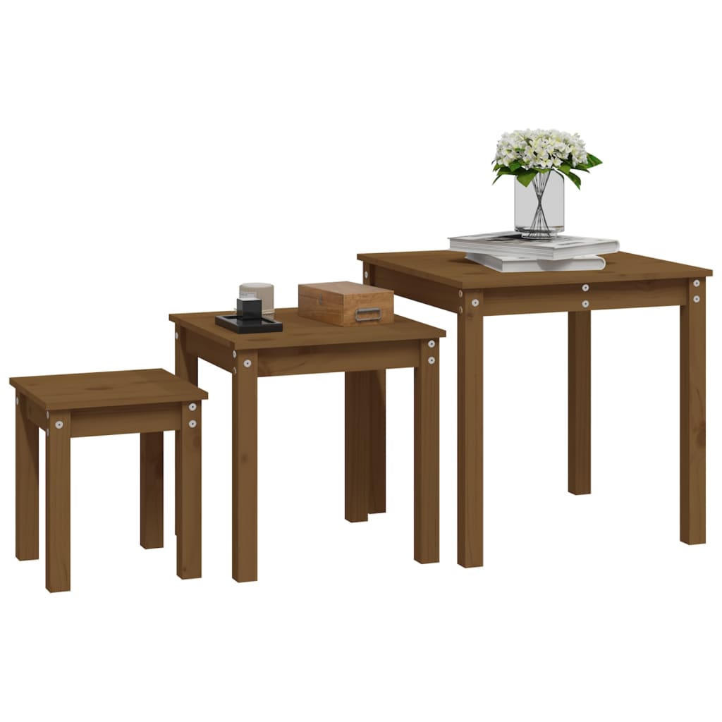 Nesting Tables 3 pcs Honey Brown Solid Wood Pine