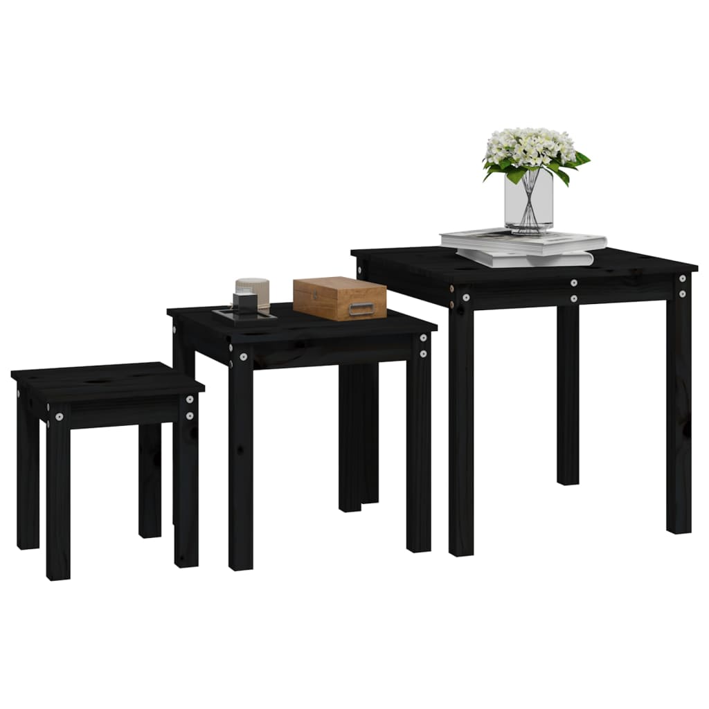 Nesting Tables 3 pcs Black Solid Wood Pine