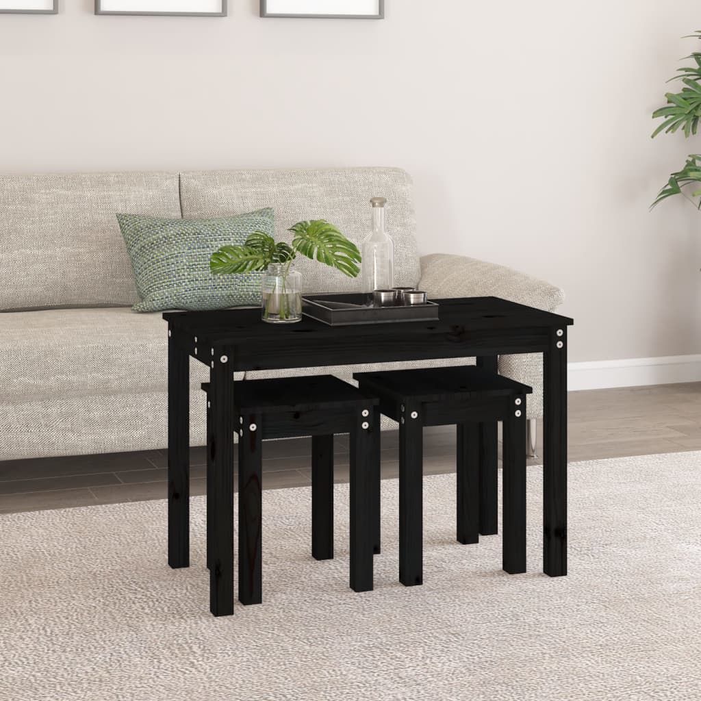 Nesting Tables 3 pcs Black Solid Wood Pine